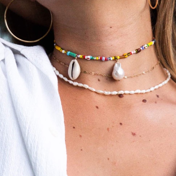 Colorful Beaded Seed Bead Baroque Genuine Freshwater Pearl Shell Choker Necklace - Picture 6 of 6